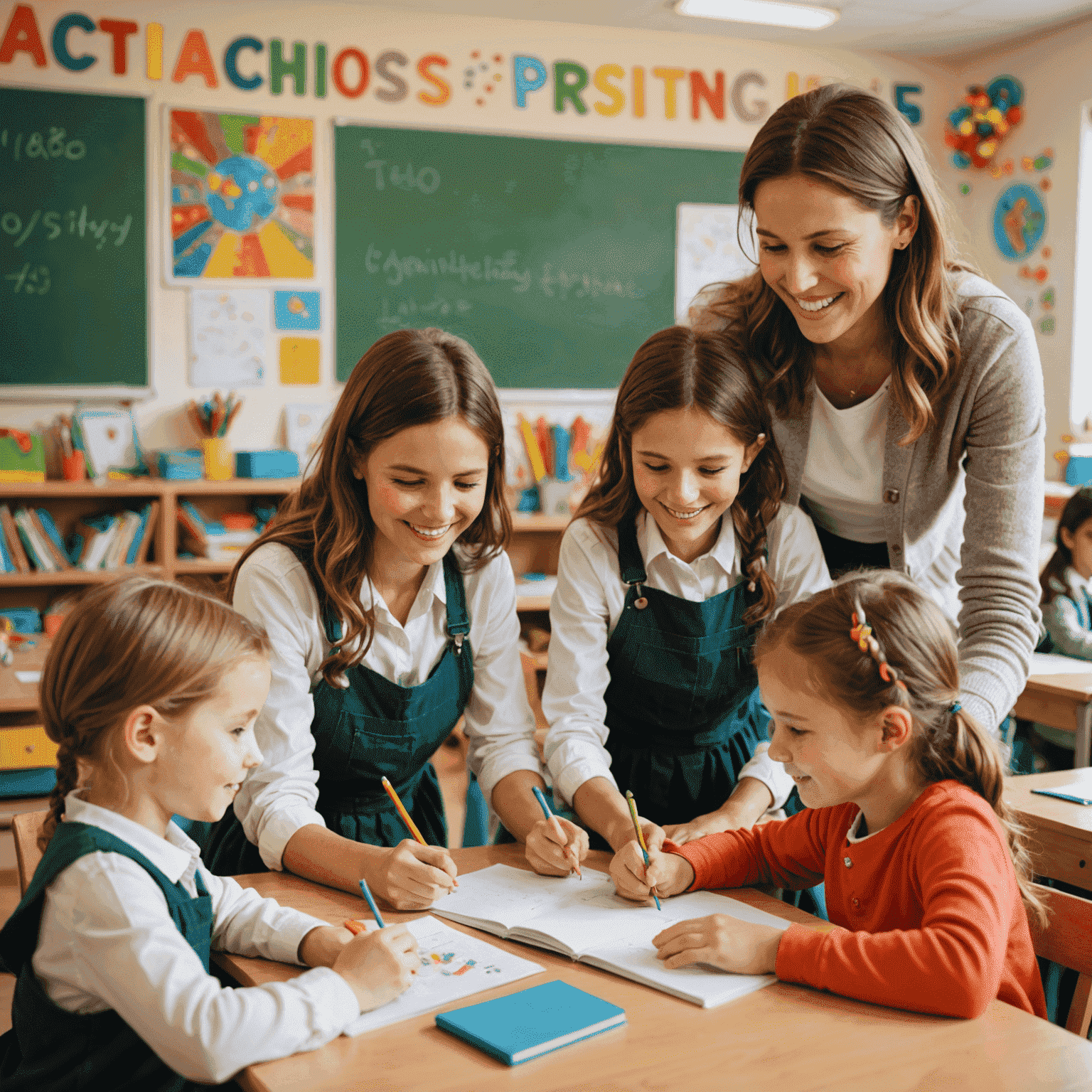 Imagine cu copii învățând împreună într-o clasă luminoasă, cu un profesor zâmbitor care îi ajută. Atmosfera este caldă și prietenoasă, cu decorațiuni colorate pe pereți.