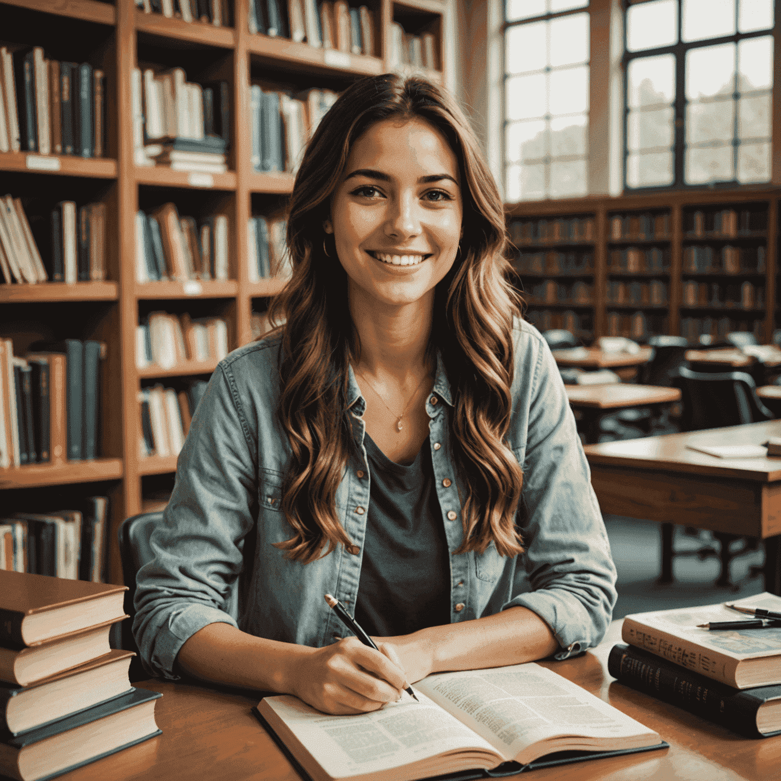 Maria, acum studentă, stând la un birou într-o bibliotecă universitară, înconjurată de cărți și zâmbind în timp ce studiază